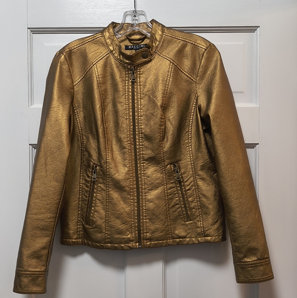 NWT Baccini Mellow Gold Vegan Faux Leather Moto Jacket Zip Petite Medium